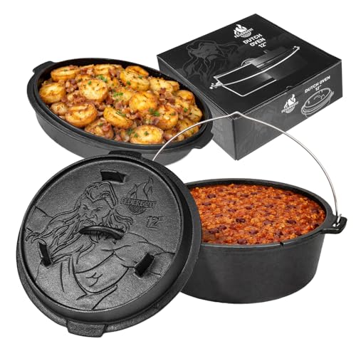 Feuergott Dutch Oven 6L ohne Füße Gusseisen Topf für Brot Braten Backofen Herd Induktion Schmortopf für Familienküche BBQ Auflauf große Portionen Kochen Grill Bräter rustikal schwarz