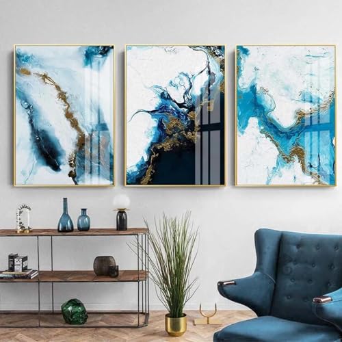Toile abstraite anti reflet pour grand mur vide affiche marbre bleu or mat 50x60 cm