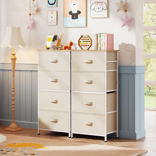 Image of WLIVE Dresser with 4 Drawers, Storage Tower, Organizer Unit, Fabric Dresser for Bedroom, Hallway, Entryway, Closets, Sturdy Steel Frame, Wood Top, Easy Pull Handle, Cream White