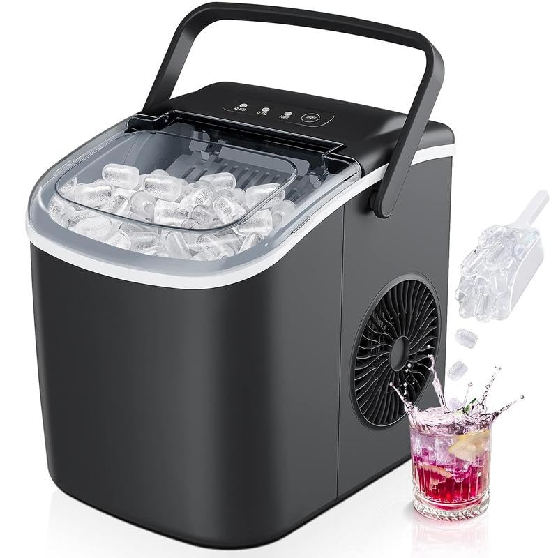 Countertop Ice Maker Machine with Handle, 26lbs in 24Hrs, 9 Ice Cubes Ready in 6 Mins, Auto-Cleaning Portable Ice Maker with Basket and Scoop, for Home/Kitchen/Camping/RV. Utensils (Silver)