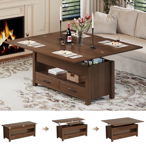 Garvee 40" Coffee Table Lift Top, Multi-Function Convertible Coffee Table with Drawers and Hidden Compartment, Converts to Dining Table for Living Room, Brown