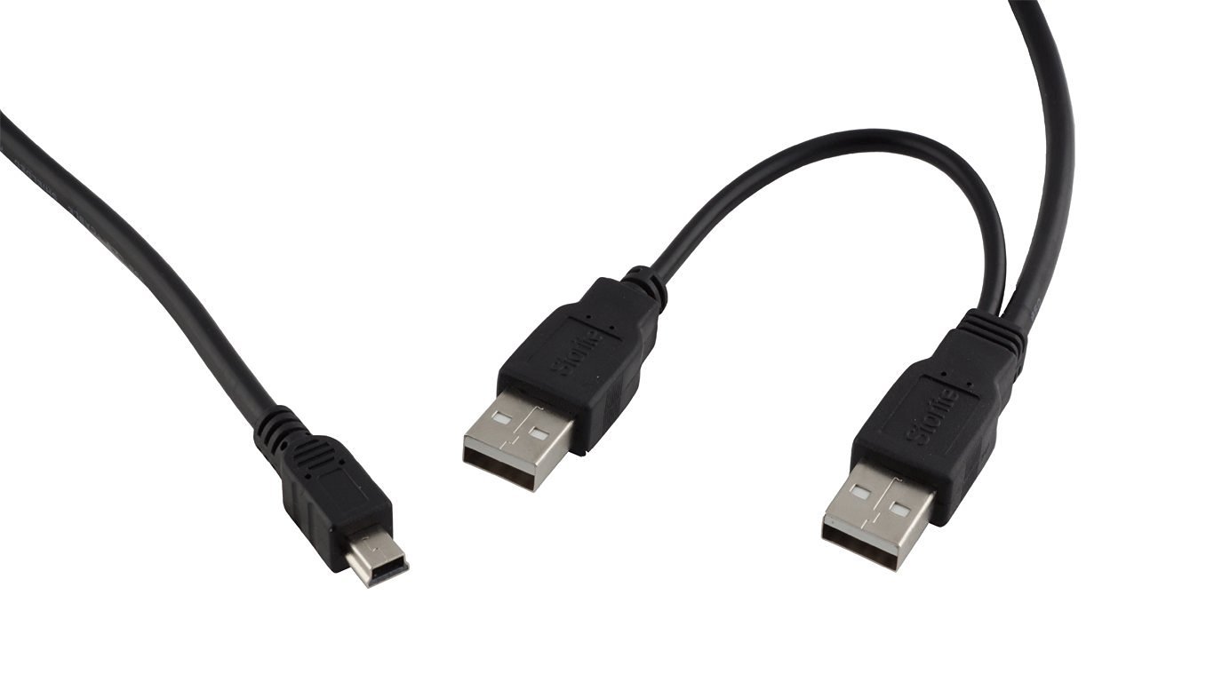 Technotech USB 2.0 DUAL Power Y Shape 2 x Type A TO Mini B Cable For External Hard Drives/Camera/Card Readers (35cm - 1 Foot - 0.35M), Black
