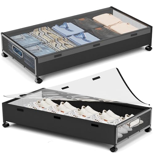 Under Bed Storage with Wheels,2 Pack Under Bed Shoe Storage, Under the Bed Storage Drawers with Remove Window, Extra Large Rolling Under Bed Storage Metal Drawer for Clothes (Black-2 pack)