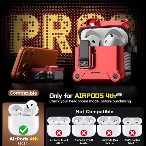 Image of Inesore for AirPods 4 Case with Secure Lock (Red) | Phone Stand Design,Compatible with MagSafe,Automatic Snap Switch Secure Cover with Cleaner Kit & Keychain