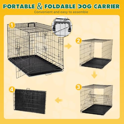 Image of Dog Crate - Medium 36 Inch Double Door Portable Dog Cage, Metal Wire Pet Kennel with Secure Lock, Leak-Proof Pan Tray, Foldable Design for Dogs Pets Indoor Training and Outdoor Travel