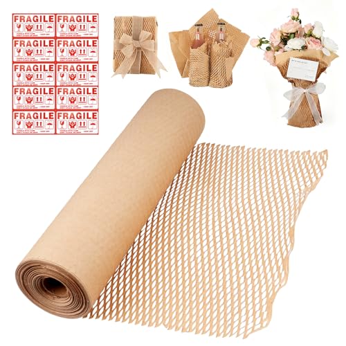 Roll of Paper Bubble Wrap for Packing Cushioning Wrap Papers 30cm x 10M Brown Honeycomb Packing Paper for Moving House Shipping Breakables and Gifts Packaging Filler with 10 Sheet Fragile Sticker