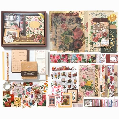 Image of The AutoStory Postmark Scrapbook Album A6 Junk Journal Stickers Art Collage Papers Washi Tape DIY Craft Diary Embellishment Accessories Decoration Gift for Teens Girls (Letter from Flowers, Brown)