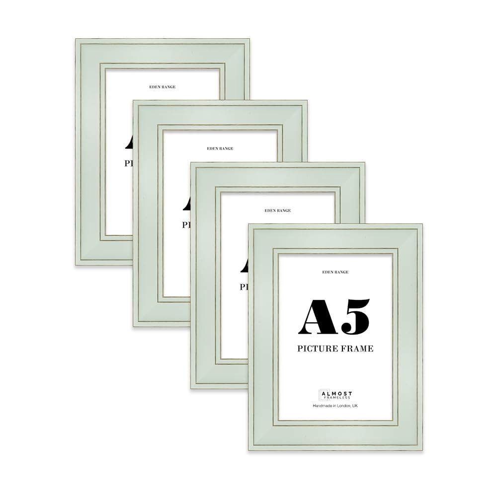 A5 Sage Green Picture Frame - Shabby Chic Photo Frame with Distressed Finish, Gold Trim, Wall Hooks and Kickstand, 37mm Edge - 4 Pack