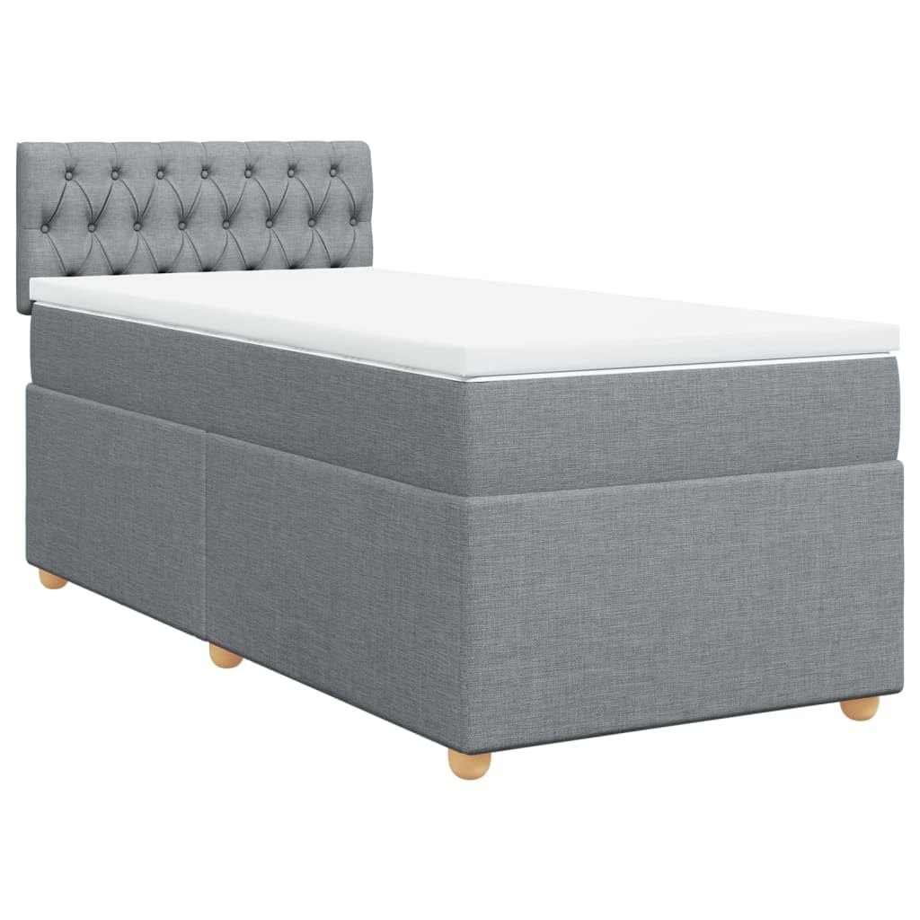Łóżko kontynentalne z materacem, jasnoszare 90 x 190 cm, obicie materiałowe, rdzeń ze sprężynami kieszeniowymi, oświetlenie LED, wygodne meble do sypialni na spokojne noce