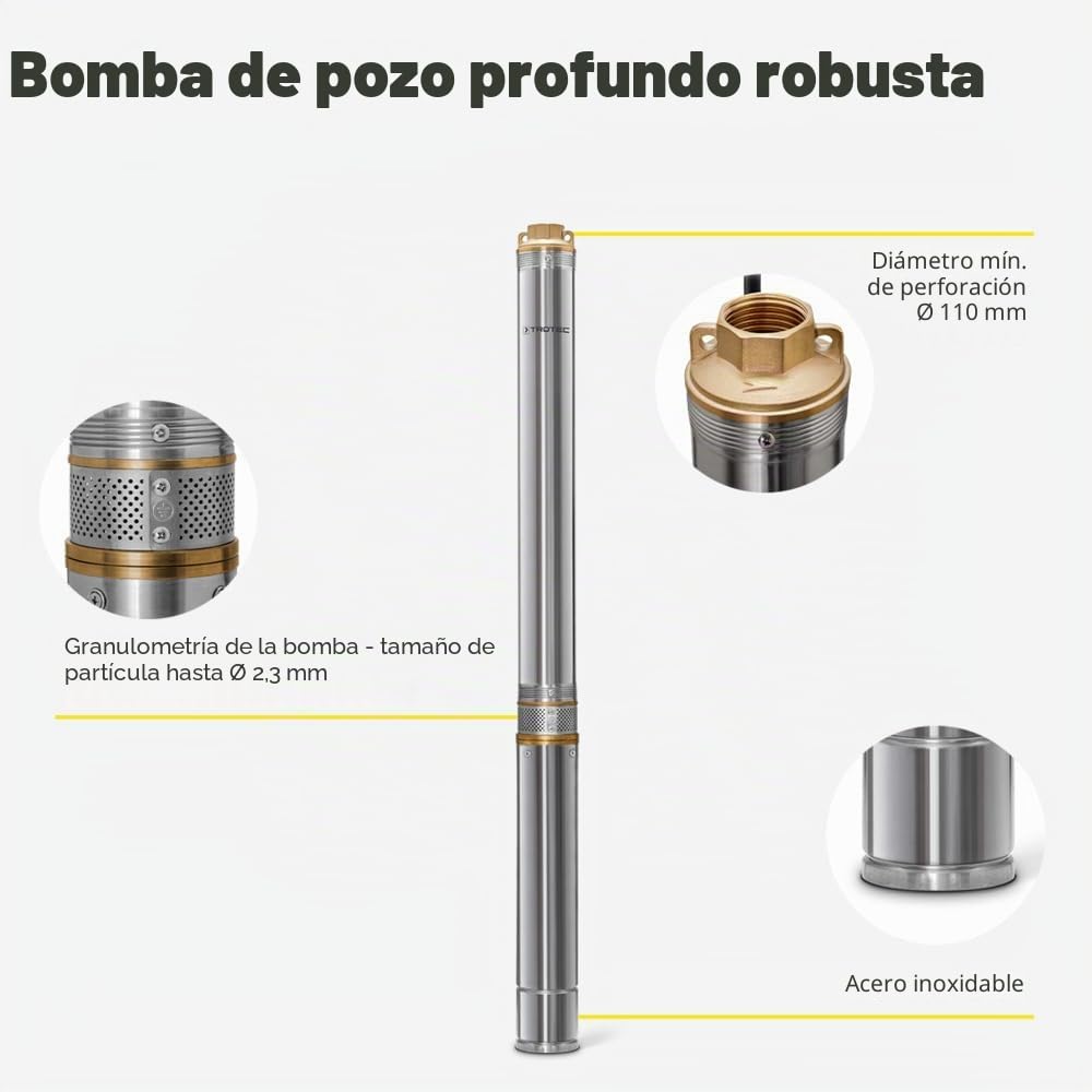 TROTEC Bomba de pozo profundo TDP 7501 E – Bomba de agua con caudal 6000 l/h, 1100 W – Altura de extracción 90 m, diámetro 8,6 cm, IP68 para bomba, bomba de acero inoxidable
