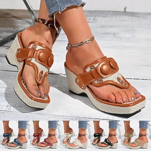 ZSpzx Woman's Square Toe Open Toe Thong Sandals Comfortable Trendy European T Shaped Straps Studded Accessories Insoles Thick Wedge Heels 2025 Vacation Indoor Outdoor Comfortable Lightweight Casual2