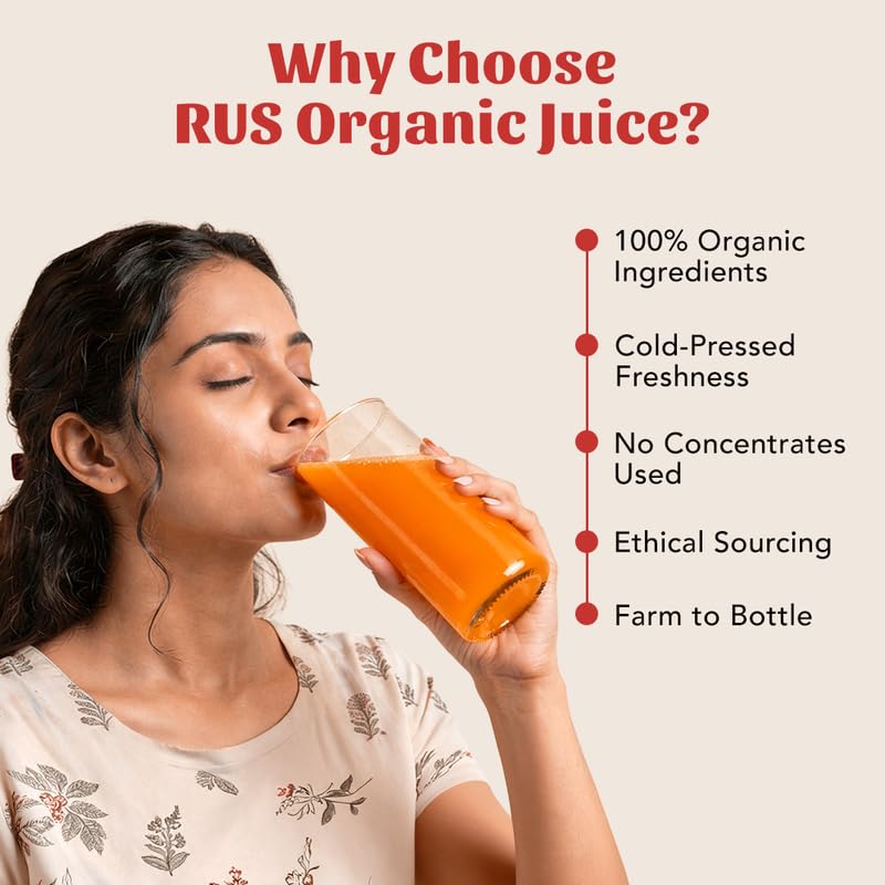 Image of Rus Organic Orange Juice | Cold-Pressed & Natural | Pack of 2 (1000ml Each) | No Added Sugar or Preservatives | Immunity Support | Rich in Antioxidants | Refreshing Drink | Travel Juice | Real Oranges