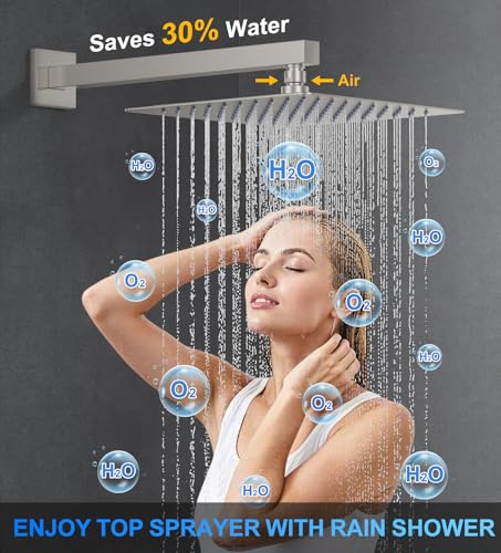 Image of Woindo Shower Faucet Set, 10 inch Wall Mount Rainfall Shower System with 2 Rain Shower Head and Multi-function Handheld Head Push Button Diverter Shower Faucet Trim Kit
