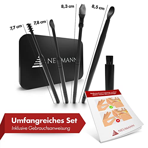 NEUMANN® Wiederverwendbares Ohrenreinigungs-Set - rostfreier Edelstahl - Handliche Aufbewahrungsbox (Schlinge, Spirale & Löffelform) Premium Ohrenschmalz-Entferner für Erwachsene [Schwarz Eloxiert]
