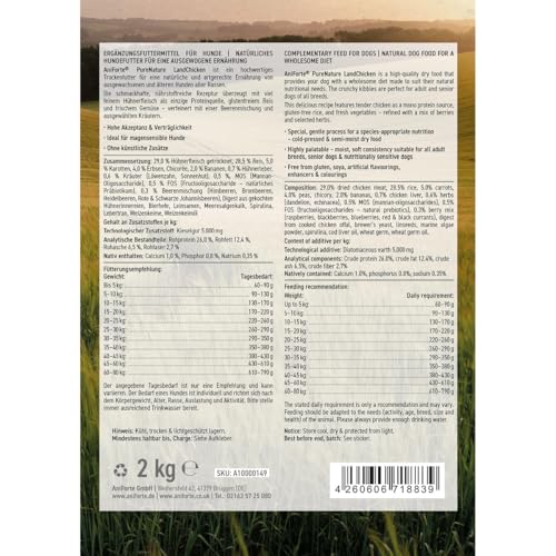 AniForte Natürliches Hunde-Futter Trockenfutter LandChicken 2kg, Zartes Huhn mit Reis, 100% Natur, Glutenfrei, Karotten & knackigem Chicorée, ohne künstliche Vitamine