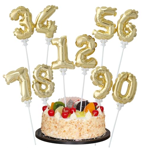 [20 Pcs] 5 Gold mini number balloons on stick self-inflating small number foil balloons cake topper for Birthday Anniversary Valentines Day Baby Shower Party Reusable Decorations