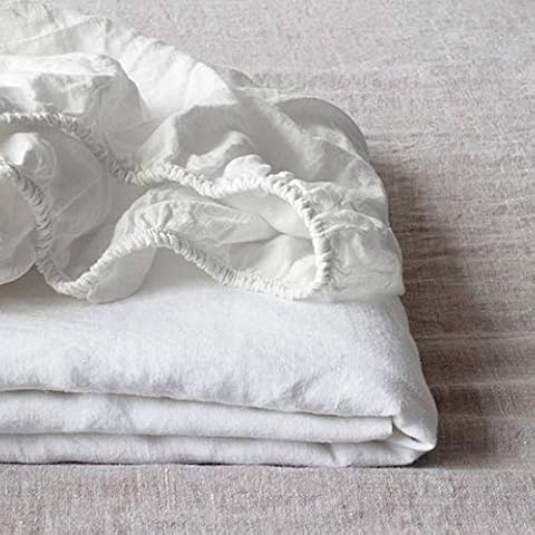 Simple&Opulence Fitted Sheet 35cm Deep Pocket-100% Pure Natural Linen Plain Mattress Protector Bed Sheet-(White,King 150x200cm) Cover