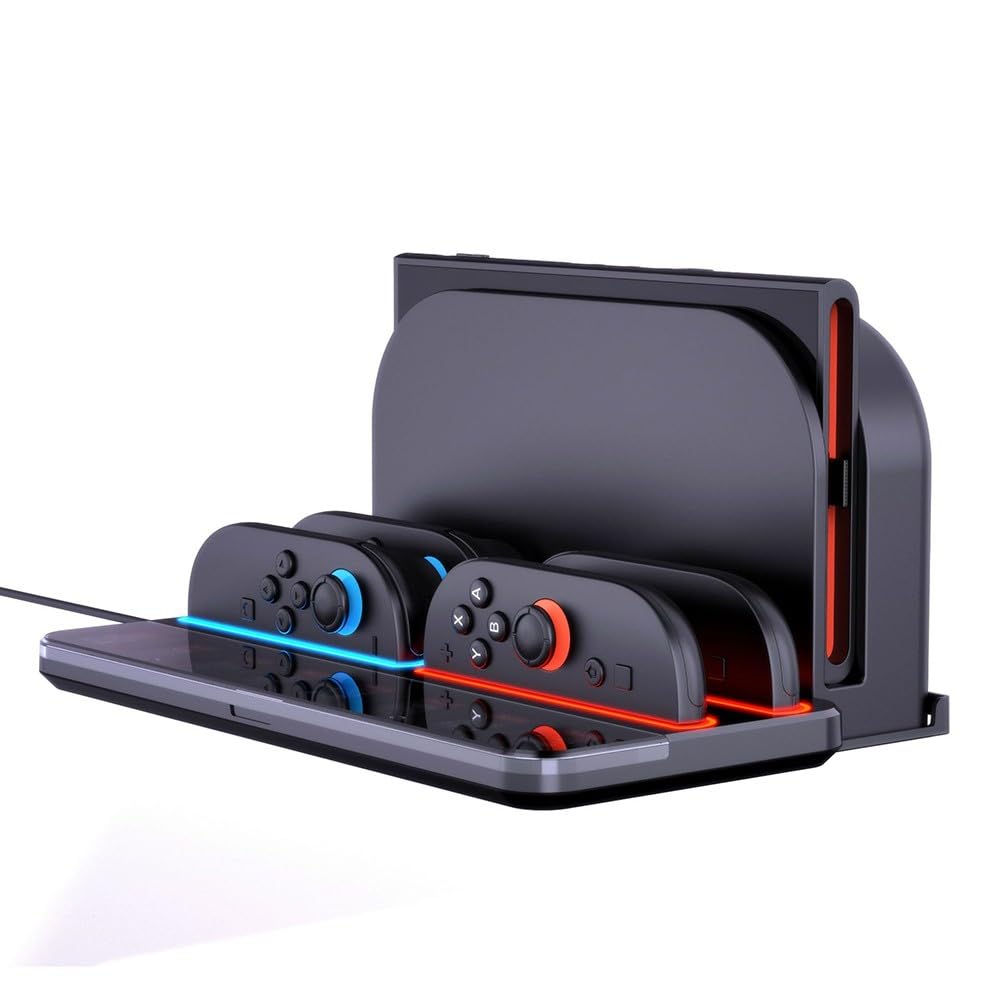 Base di ricarica per Nintendo Switch 2 con 4 porte, 8 schede di gioco, indicatore LED, costruzione ABS, design compatto, nero