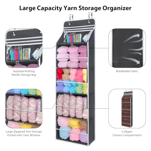 Image of Univivi Hanging Yarn Storage Organizer with 5 Zipper Closure Compartments, Large Capacity Knitting Organizer Storage, Over The Door Hanging Yarn Holder for Knitting Needles, Crochet Hooks (Dark Grey)