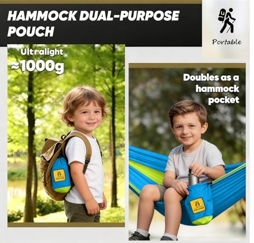 Image of Small Camping Hammock with Mosquito Net, 450 lbs Portable Hammock with Tree Straps, 2-in-1 Double /Single Travel Hammocks, Hammock for Outside /Indoor /Backpacking /Beach - Sky Blue & Green
