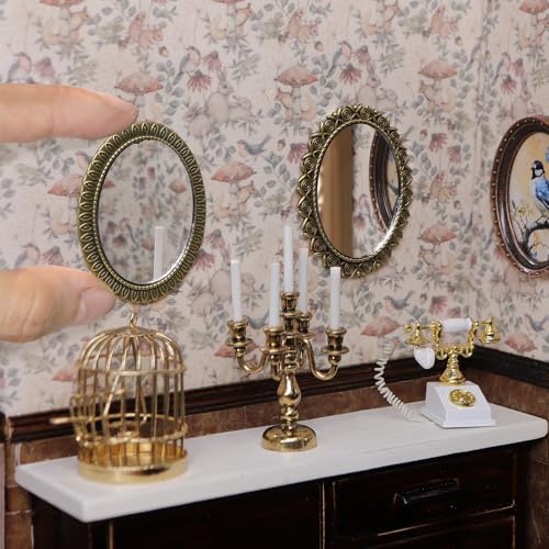 iLAND Dollhouse Mirrors, Miniatures Dollhouse Accessories on 1:12 Scale, Metal Framed Glass Mini Mirror w/Rose & Sunflower Patterns 2pcs