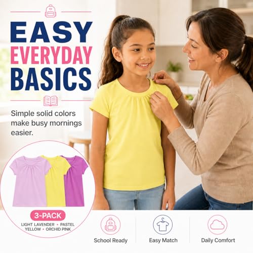 Image of Bienzoe Plain Solid Girls T-Shirts: School Basic Tee 3-Pack | Short Sleeve, Ages 4-13, PE, Recess, Outdoor Play, Soft Cotton Blend, Breathable Quick-Dry, Easy Care, Easy to Mix and Match