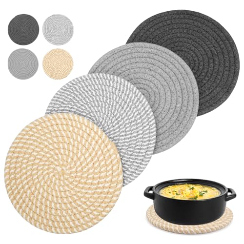 Lot de 4 Dessous de Plats Résistants à La Chaleur pour Plats Chauds,18 cm Dessous de Verre en Coton Tissé, Dessous de Plat en Fil de Coton Ronds, sous Plat de Table pour Casseroles,Poêles,Assiettes