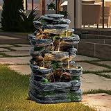 TOBYUL Outdoor/Indoor Water Fountain with LED Lights and Pump, 7-Tiers Cascading Rock Garden Fountains Waterfall, Freestanding Resin Fountain with Natural Stone Look for Patio, Garden, Porch (24" H)
