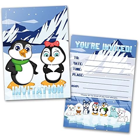 Leigha Marina Penguins Party Invitation Cards for Kids, 20 Invites & 20 Envelopes - Fill in the Blank Greeting Notes - Multi-Use, Birthday, Themed Celebration Cover