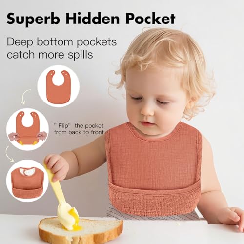 Dual Usage Baby Bibs for Drooling and Teething, 4 Pack Muslin Baby Drool Bibs for Boys & Girls with Hidden Pocket, Soft Cotton, Extra Absorbent, Mess-proof, for Toddler, Newborn, Infant3