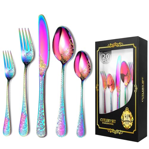 ITEFDTUTNE 20 Pcs Stainless Steel Carved Silverware Set Rainbow Steak Knives, Cutlery Flatware Set for 4, Rose Flower Embossed Design, Forks Spoons, Dishwasher Safe, Mirror Polished