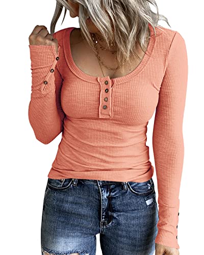 Image of KINLONSAIR Women Long Sleeve Henley Shirts Scoop Neck T-shirt Basic Tops