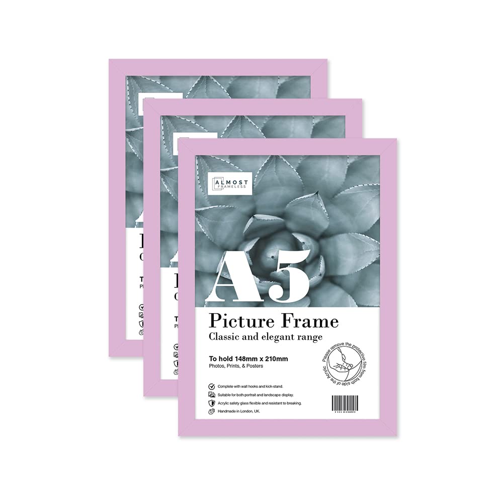 Almost Frameless A5 Lilac Picture Frame Set of 3, Display A5 Picture Gallery Wall, Poster, Photo, Artwork, or Print, Lilac