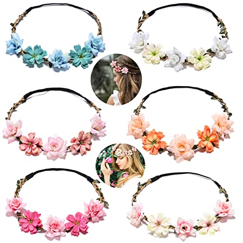 6 piezas de corona de flores para mujeres y niñas, diademas de flores para niñas, tocado de novia, dama de honor, boda, diadema de flores bohemias para el pelo, accesorios para...