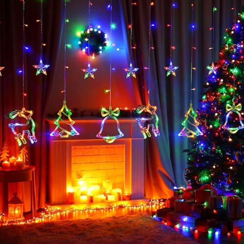 Image of Christmas LED Lights - 138 LEDs with Star, Jingle Bell, Reindeer, and Christmas Tree Designs | 8 Lighting Modes for Home, Bedroom, Wedding, and Party Decorations (Multi Color)