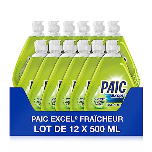 PAIC - Liquide Vaisselle main Paic - Paic Excel² Anti-Odeurs Parfum Intense - Formule Active à Froid - Ultra-Dégraissant - Anti Odeurs - 12 x 500 ml