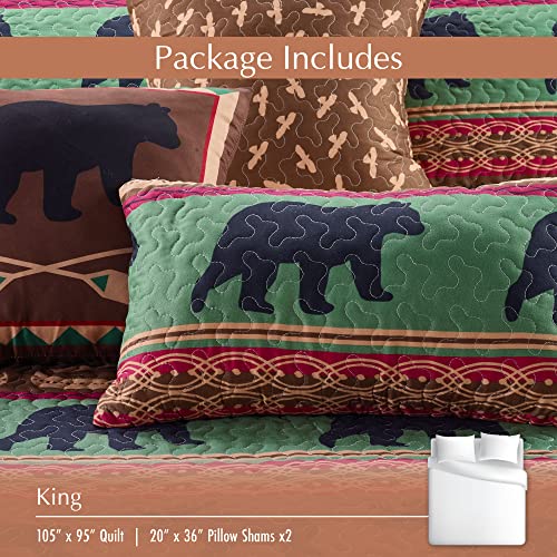 Virah Bella 3 Piece King Cabin Quilt Bedding Set - Lodge Preserve - Rustic Wildlife Country Reversible Camping Comforter With Decorative Pillow Shams, Brown/Green #TOP2