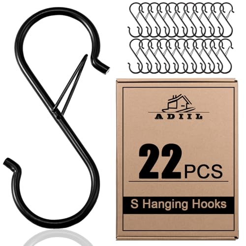 ADIIL 22 Pcs S Hooks for Hanging with Safety Buckle, Heavy Duty Metal S Shaped Closet Hooks for Hanging Plants, Kitchen Utensils, Jeans, Bags, Pots, 3.75 Inch, Black
