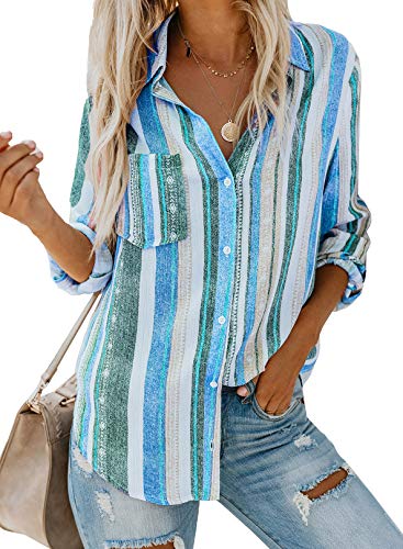 Chase Secret Henley Shirts Fashion Long Sleeve Stripe Print Button Down V Neck Blouse Casual Tops and T Shirts for Jeans Under Sky Blue Small