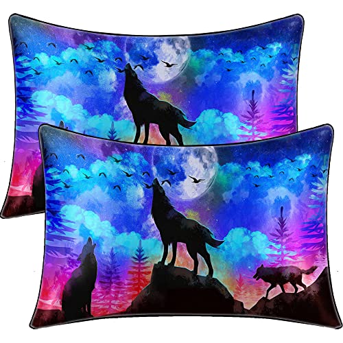BlessLiving Satin Pillowcase Wolf Animal Pillowcases Set of 2 3D Galaxy Moon Wolf Print Silky Soft Pillow Cases for Kids Boys Pillow Covers with Envelope Closure (Queen(20''x30''))