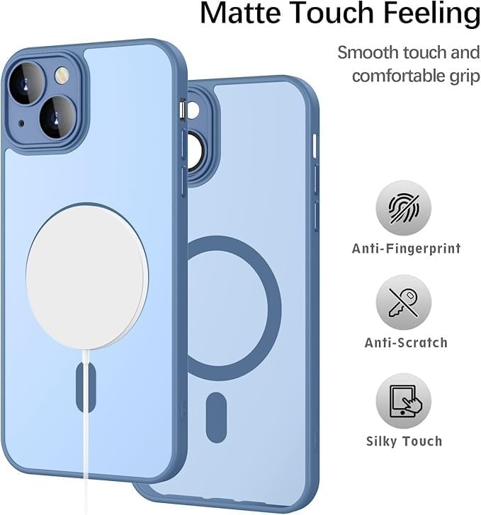 Image of VONZEE Magnetic for iPhone 15 Case, Upgraded [Full Camera Protection] [Compatible with Magsafe] [Translucent Matte] Shockproof Protective Phone Case for Men & Women - Mist Blue
