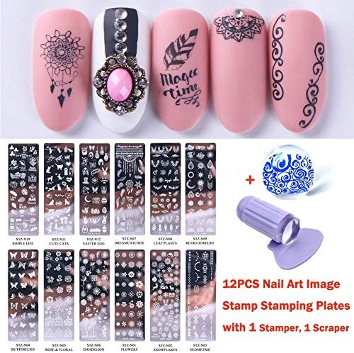 12PCS Nail Art Image Stamp Stamping Plates with 1 Stamper, 1 Scraper