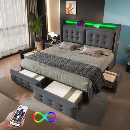 Cayipng Cama de Matrimonio de 160 x 200 cm con cabecero LED y función de Carga USB C y 4 cajones,Cama Doble 160 x 200 con contenedor,canapés con Estructura de Metal,Gris (sin colchón)