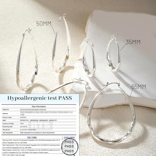 KUMIKUMI 925 Sterling Silver Hoop Earrings for Women, Hypoallergenic Large Silver Hoop Earrings Hollow Tube Lightweight Oval Hoops Earrings for Women Gifts (35/50/65MM)2