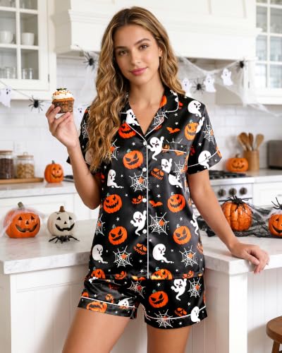 Image of Womens Silky Pajama Sets Short Sleeve Loungewear 2 Pcs Satin Soft Pj Sets Button Down Women's Summer Sleepwear