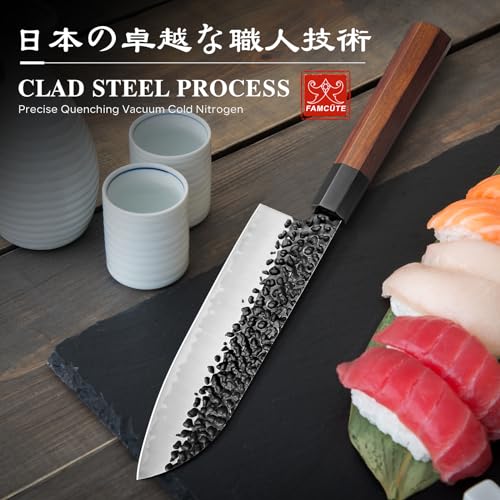 Image of FAMCUTE Customize Santoku Knife 7 inch, Hand Forged 3 Layers 9CR18MOV High Carbon Steel Professional Kitchen Knife - Wood Handle Japanese Sushi Knife Can Customizable Patterns and Copywriting for Gift