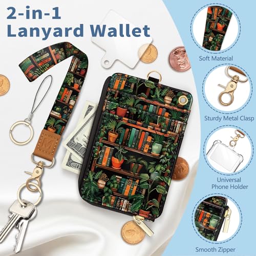 Lanyard Wallet with Id Badge Holder, Bookshelf RFID Small Keychain Wallet Women Wristlet, Cute Zipper Credit Card Holder Phone Wrist Neck Strap for Key Name Tag, Teacher Student Office Gifts