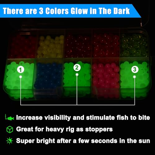 SILANON Fishing Beads Assortment Set,1000pcs 5mm Round Float Fishing Line Beads Glow Luminous Fish Beads Hard Plastic Fishing Rig Beads Saltwater Freshwater Salmon Trout