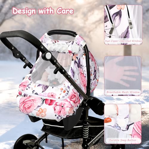 Image of Winter Car Seat Cover Baby with Sunshade & Dual Zipper Windows - Minky Bubble Lined Windproof Soft Shell, Warm Newborn Car Seat Canopy Covers, Elastic Bottom for Stroller & Infant Car Seat, Floral
