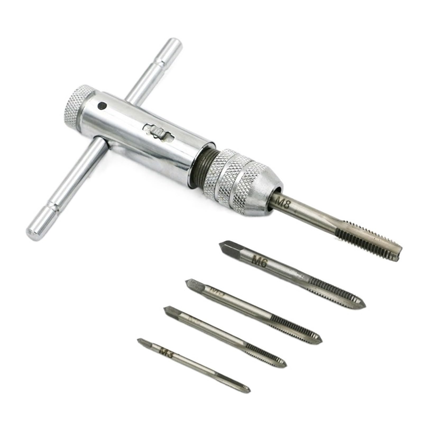 Momentsleutel Machine Schroefdraad Metrische plug T-vormige kraan Verstelbare zilveren T-handgreep Ratchet Tap Holder Wrench met 5 stuks M3-M8 3mm-8mm (Kleur: Set 3